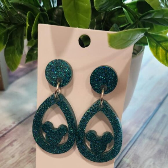 Handmade Jewelry - Mouse Resin Earrings - Teal Micro Glitter